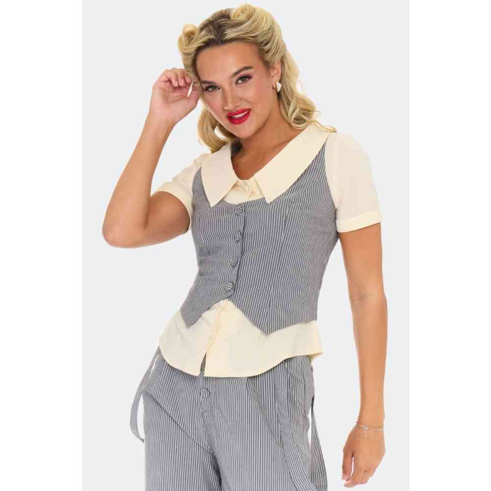 Voodoo Vixen - Grey Pinstripe Retro Button Up Vest Weste - Grau